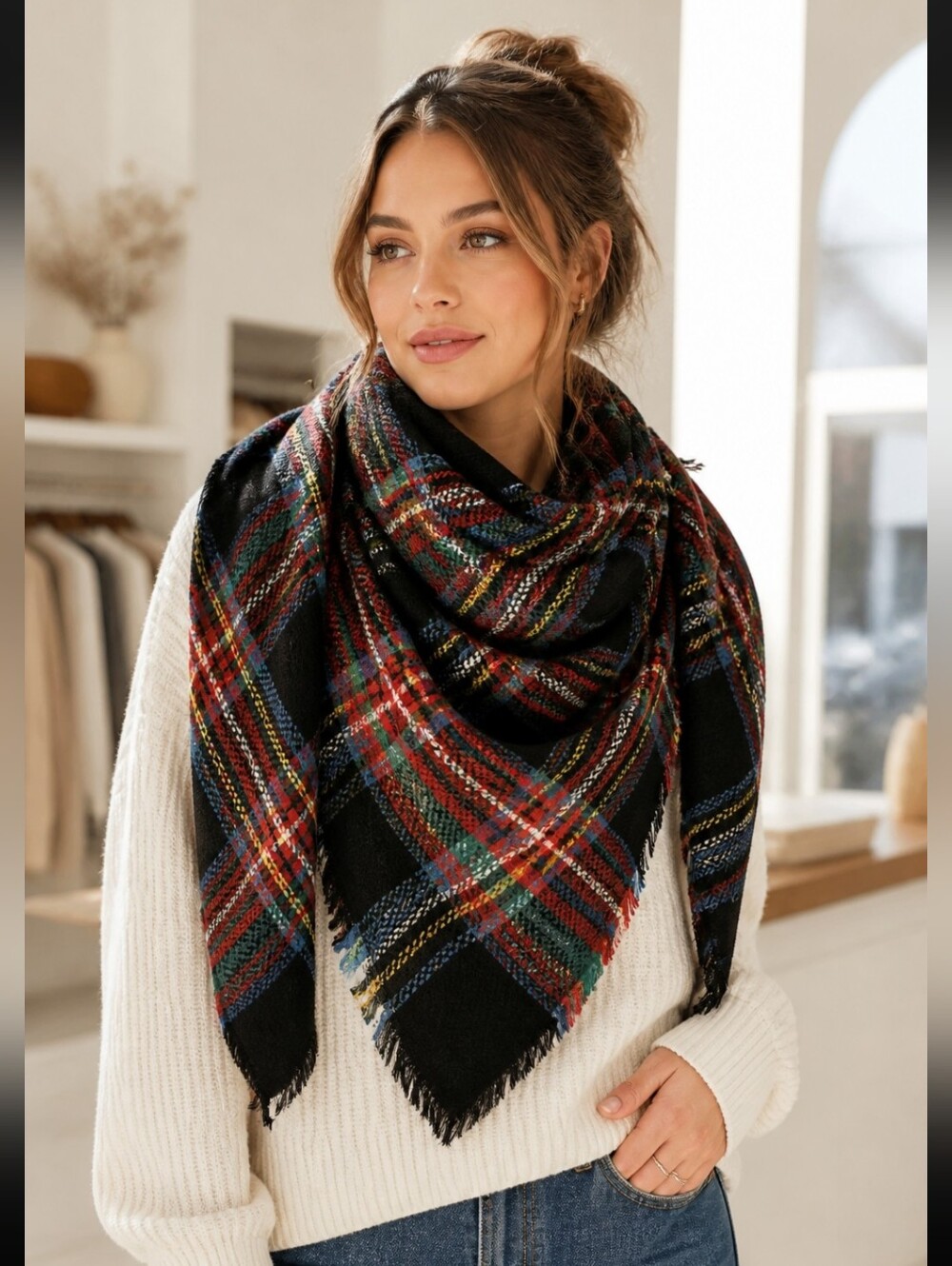 Swanky Coconut  Plaid Triangle Scarf
